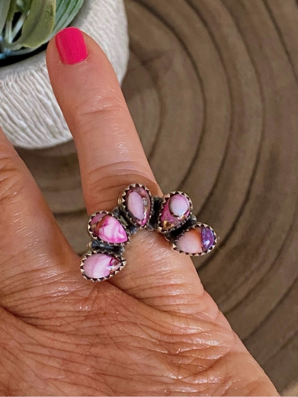 Pink Dahlia Turquoise gemstone Naja ring southwestern Navajo style rodeo size 6